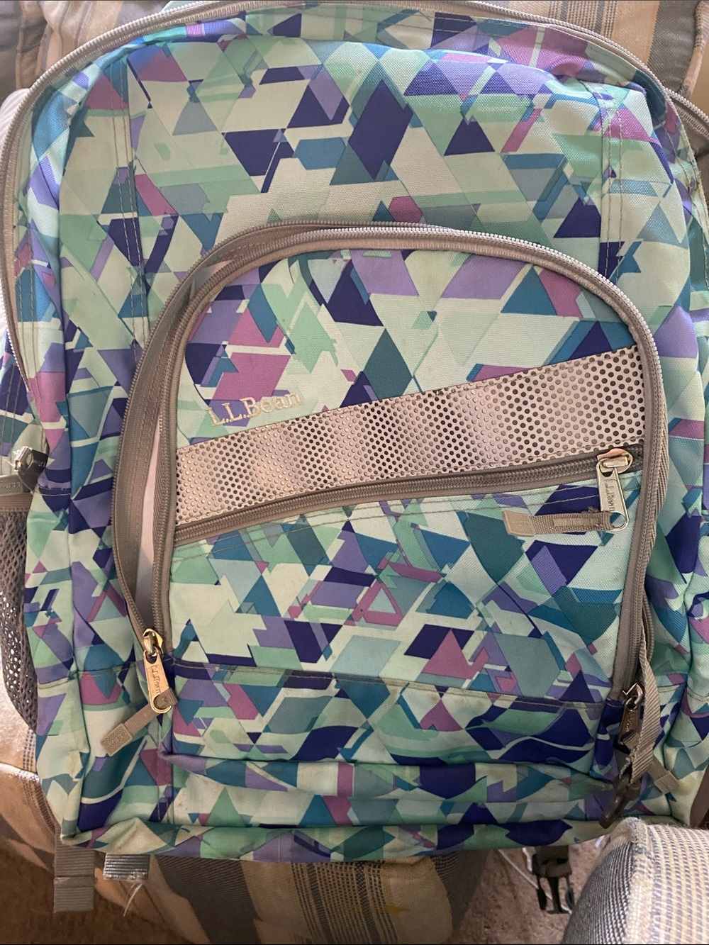 L.L. Bean Geometric Print Backpack in Teal, Purple, and Mint